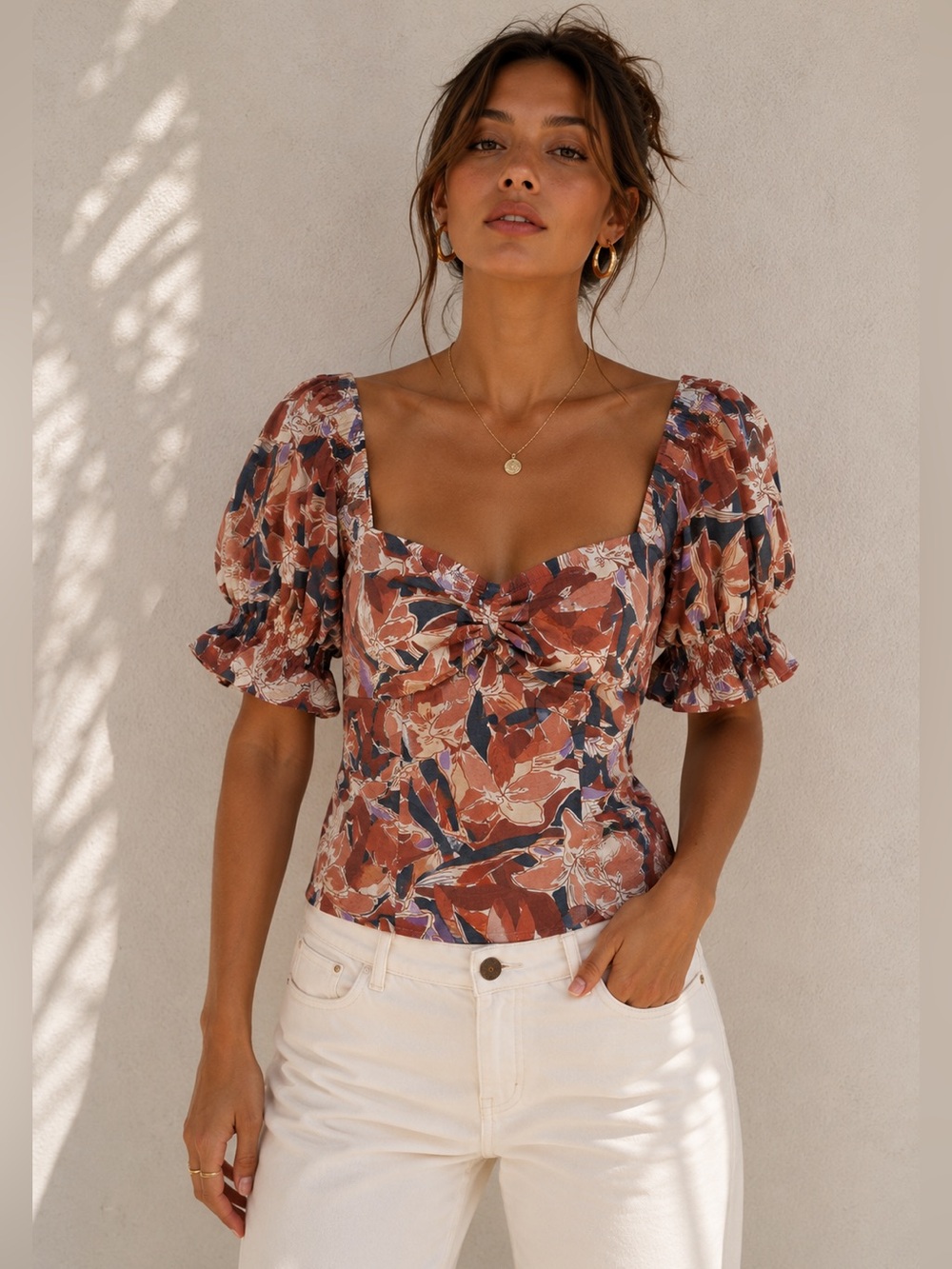 Nine West Rust Floral Puff Sleeve Sweetheart Top